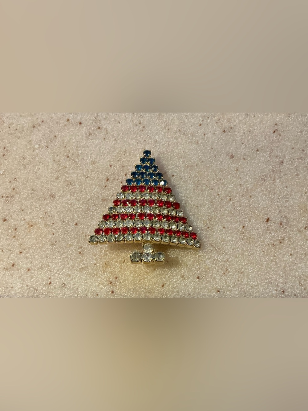 Rhinestone Patriotic Christmas Tree Pin - Red, White & Blue